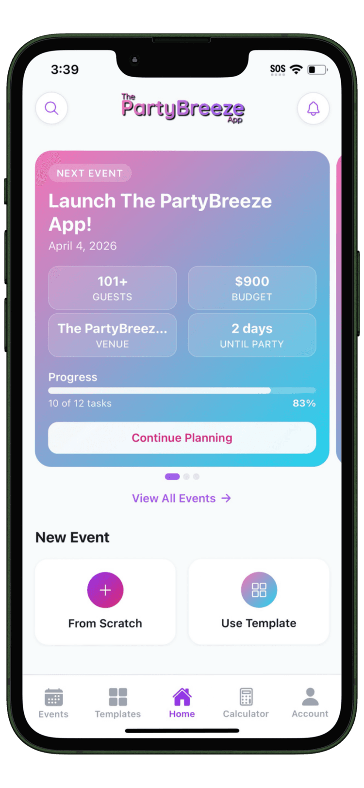 PartyBreeze app phone mockup
